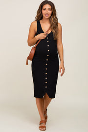 Black Ribbed Button Front Maternity Midi Dress