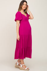 Magenta V-Neck Puff Sleeve Tiered Maternity Maxi Dress