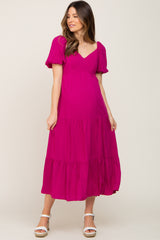 Magenta V-Neck Puff Sleeve Tiered Maternity Maxi Dress