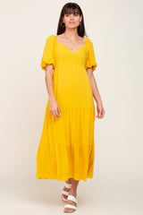 Yellow V-Neck Puff Sleeve Tiered Maxi Dress