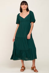 Green V-Neck Puff Sleeve Tiered Maternity Maxi Dress