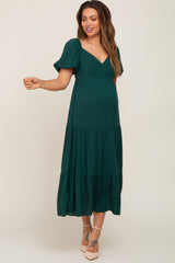 Green V-Neck Puff Sleeve Tiered Maternity Maxi Dress