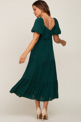 Green V-Neck Puff Sleeve Tiered Maternity Maxi Dress