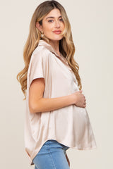 Beige Satin Collared Maternity Top