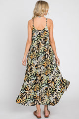 Black Leaf Print Tiered Midi Dress