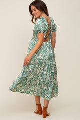 Green Floral Satin Smocked Lace-Up Back Maternity Midi Dress