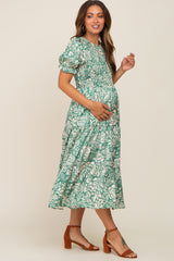 Green Floral Satin Smocked Lace-Up Back Maternity Midi Dress