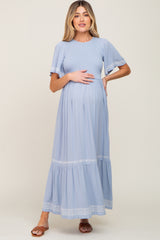 Light Blue Embroidered Accent Maternity Maxi Dress