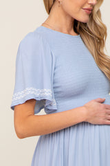 Light Blue Embroidered Accent Maternity Maxi Dress