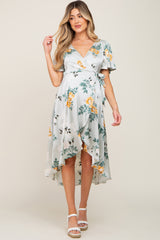 Light Blue Floral Satin Wrap Front Hi-Low Maternity Midi Dress