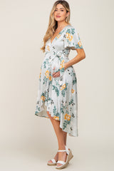 Light Blue Floral Satin Wrap Front Hi-Low Maternity Midi Dress