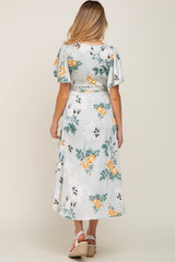 Light Blue Floral Satin Wrap Front Hi-Low Maternity Midi Dress