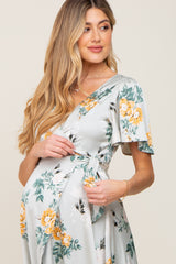 Light Blue Floral Satin Wrap Front Hi-Low Maternity Midi Dress