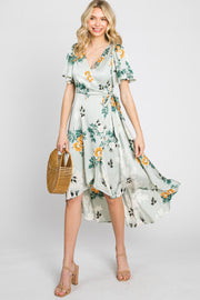 Light Blue Floral Satin Wrap Front Hi-Low Midi Dress