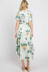 Light Blue Floral Satin Wrap Front Hi-Low Midi Dress