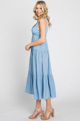 Light Blue Swiss Dot Sleeveless Tiered Midi Dress