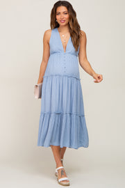 Light Blue Swiss Dot Sleeveless Tiered Maternity Midi Dress