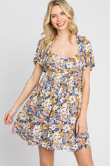 Blue Floral Front Button Flounce Sleeve Dress