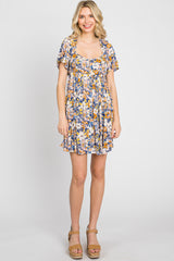 Blue Floral Front Button Flounce Sleeve Dress