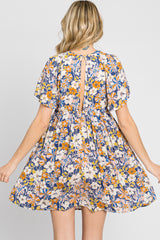 Blue Floral Front Button Flounce Sleeve Dress