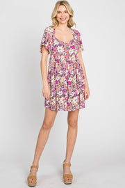 Purple Floral Front Button Flounce Sleeve Dress