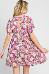 Purple Floral Front Button Flounce Sleeve Dress