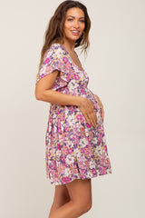 Purple Floral Front Button Flounce Sleeve Maternity Dress