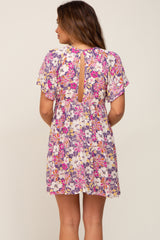 Purple Floral Front Button Flounce Sleeve Maternity Dress