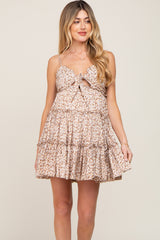 Taupe Floral Cut Out Tiered Ruffle Maternity Mini Dress