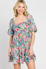 Blue Floral Puff Sleeve Maternity Mini Dress