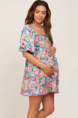 Blue Floral Puff Sleeve Maternity Mini Dress