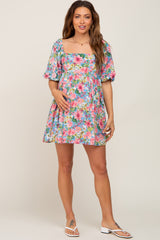 Blue Floral Puff Sleeve Maternity Mini Dress