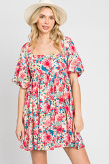 Pink Floral Puff Sleeve Maternity Mini Dress