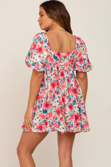 Pink Floral Puff Sleeve Maternity Mini Dress