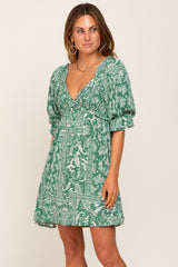 Green Paisley Smocked V-Neck 3/4 Ruffle Sleeve Maternity Dress