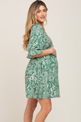 Green Paisley Smocked V-Neck 3/4 Ruffle Sleeve Maternity Dress