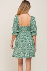 Green Paisley Smocked V-Neck 3/4 Ruffle Sleeve Maternity Dress