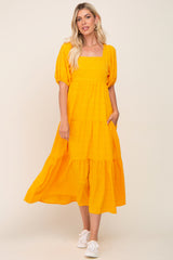 Yellow Textured Stripe Square Neck Tiered Maxi Dress