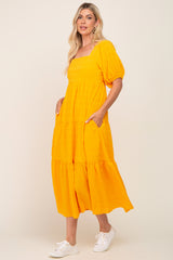 Yellow Textured Stripe Square Neck Tiered Maxi Dress