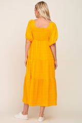 Yellow Textured Stripe Square Neck Tiered Maxi Dress