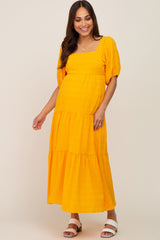 Yellow Textured Stripe Square Neck Tiered Maternity Maxi Dress