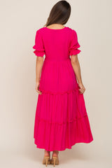 Fuchsia Wrap Front V-Neck Short Sleeve Tiered Maternity Maxi Dress