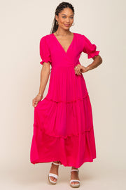 Fuchsia Wrap Front V-Neck Short Sleeve Tiered Maxi Dress