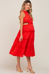 Red Tiered Ruffle Cutout Maternity Midi Dress