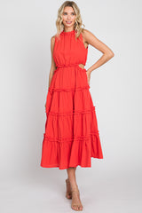 Red Tiered Ruffle Cutout Midi Dress