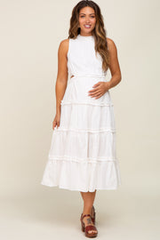 White Tiered Ruffle Cutout Maternity Midi Dress