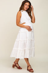 White Tiered Ruffle Cutout Maternity Midi Dress