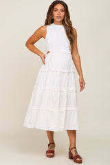 White Tiered Ruffle Cutout Maternity Midi Dress