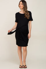 Black Ruched Tie Maternity Dress