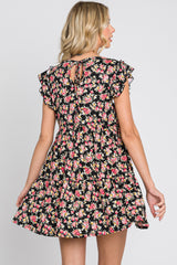 Black Floral Ruffle Accent Mini Dress